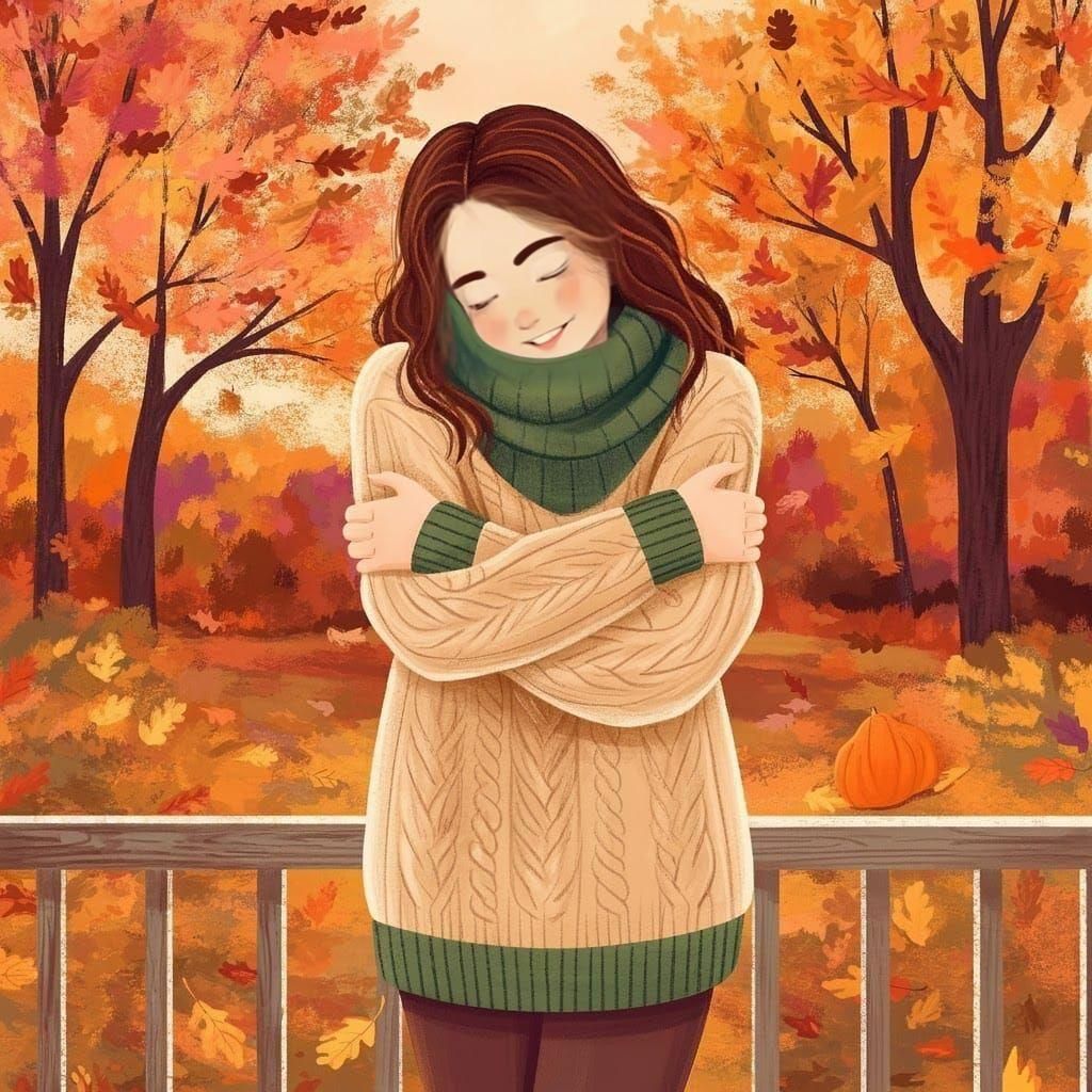 Woman in Sweater on Autumn Porch