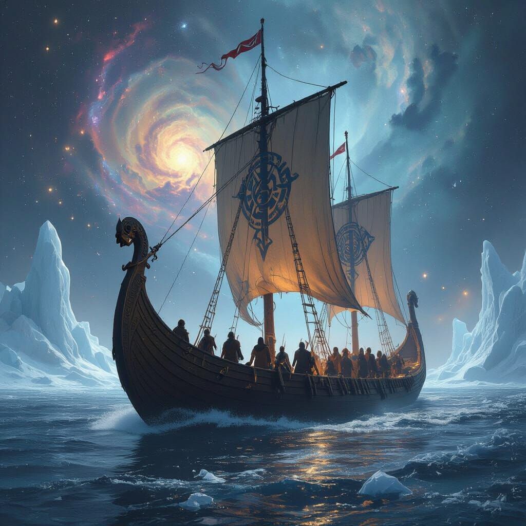 Cosmic Viking Ship Amidst Nebula, Concept Art