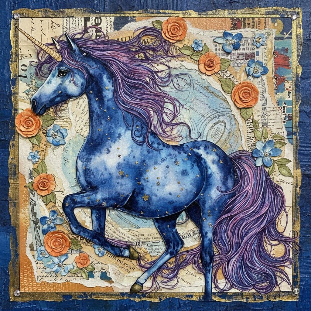 Ethereal Sky Unicorn Collage in Midnight Blue and Silver