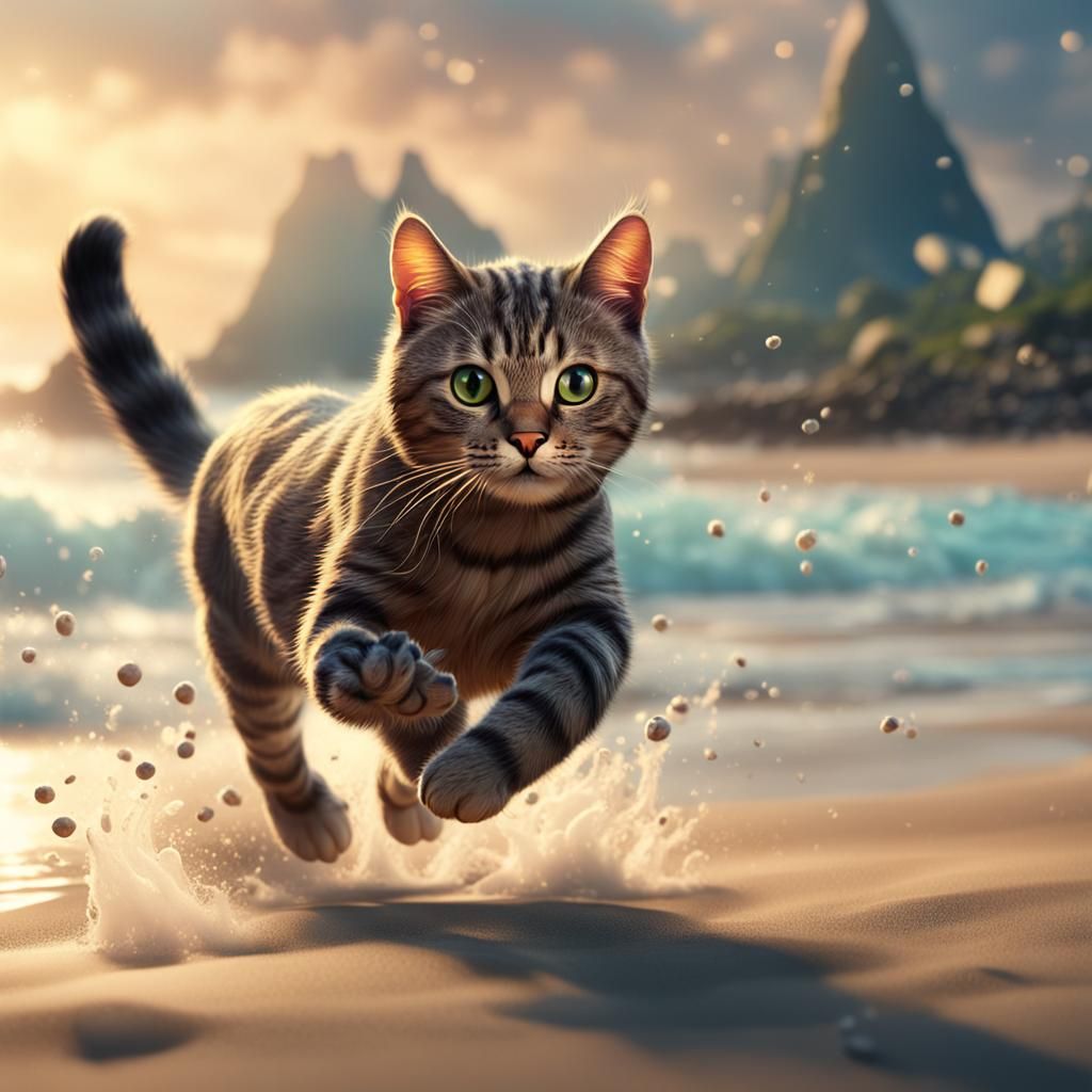 Cute Cat Running on Beach: Fantasy Concept Art
