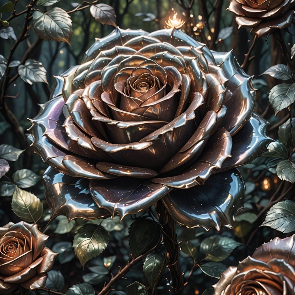 Epic Metal Rose Blooms in Mystical Forest