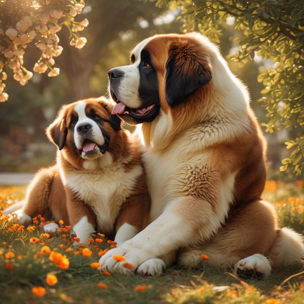 Giant St. Bernard Dog Playing with Puppy