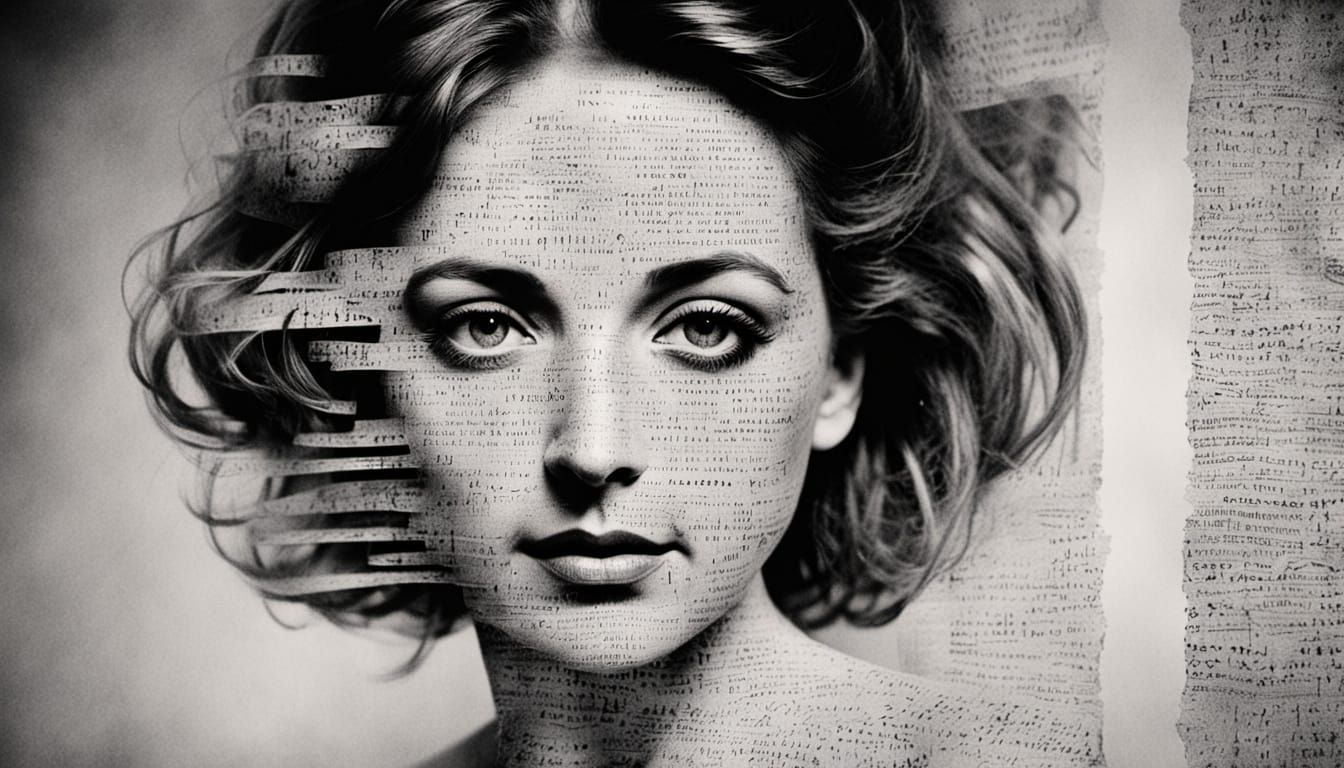 Monochrome Film Portrait with Musical Notation and Text