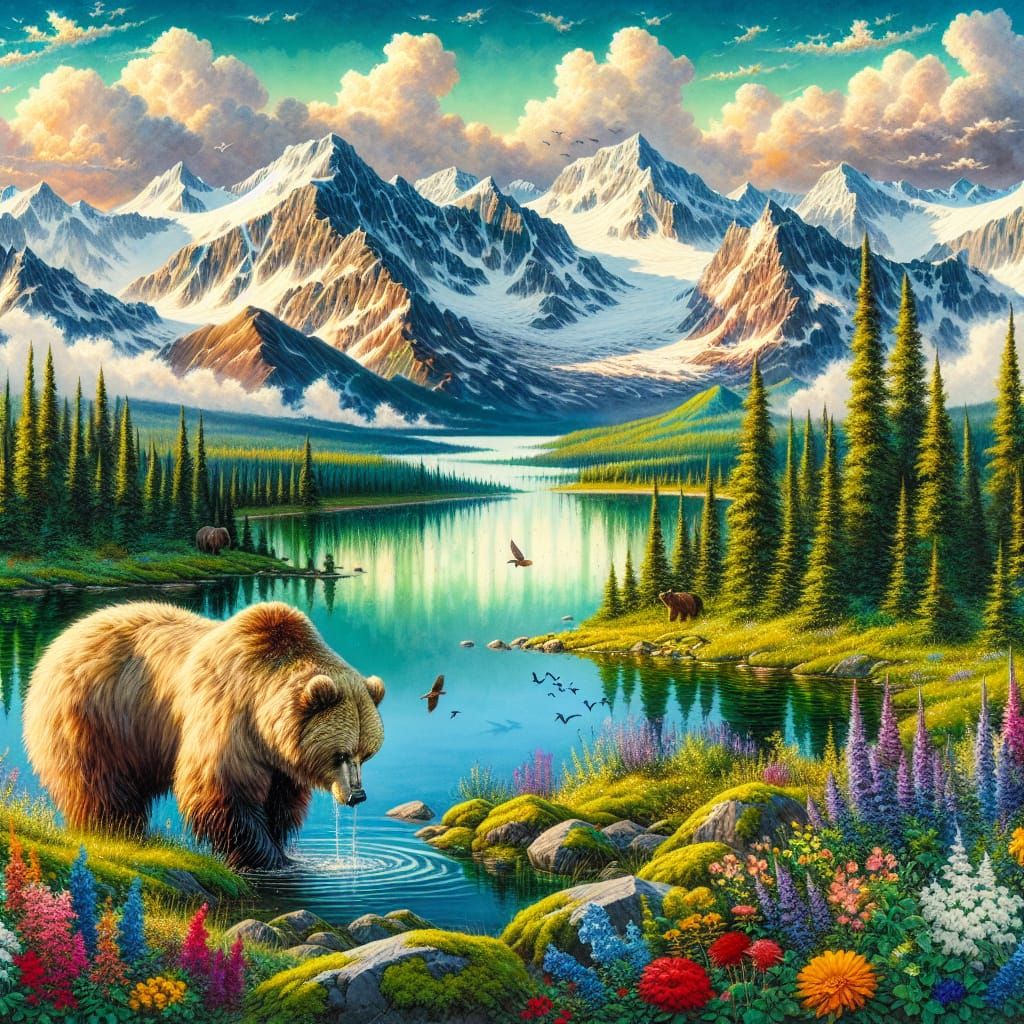 Sublime Mountain Landscape with Majestic Brown Bear