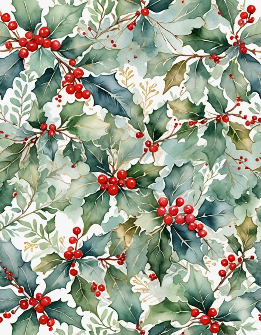 Delicate Watercolor Christmas Scene with Holly and Berries