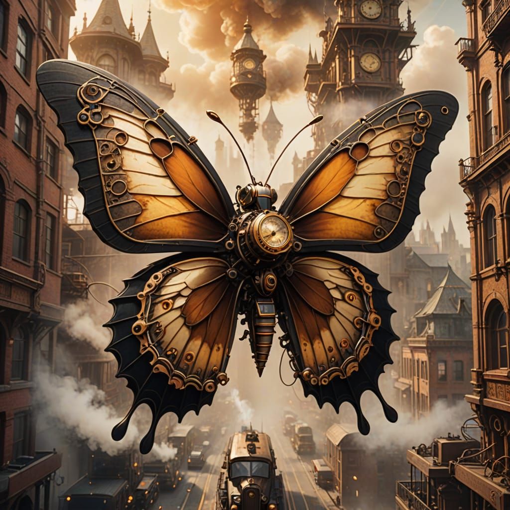Golden Butterfly soars through Steampunk Cityscape