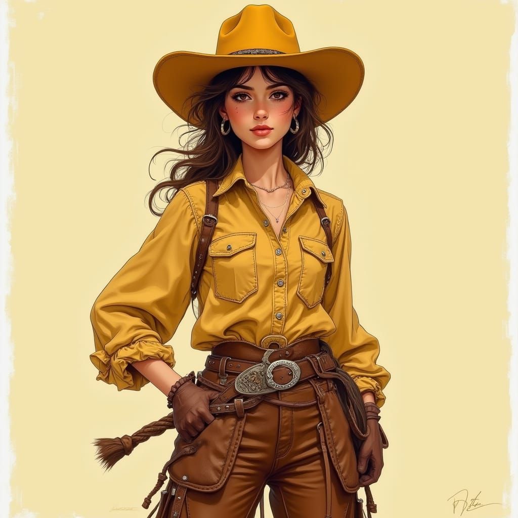 Cowgirl in Earth-Toned Winter Outfit, Inspired by Classic Am...