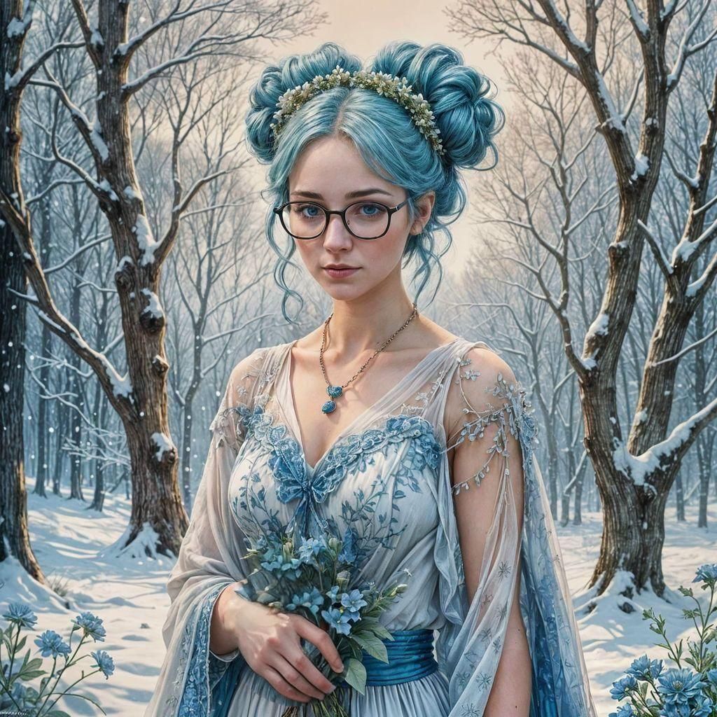 Cold Fairy in Snowy Landscape as Pyrography Art