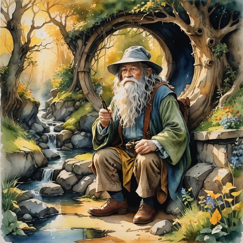 Gandalf the White at Hobbit Hole in Watercolor