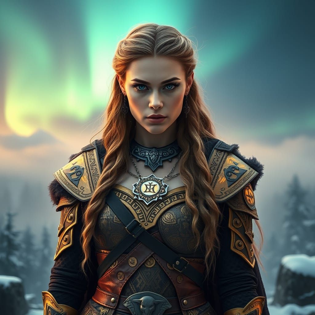 Norse Goddess Freyja in Misty Forest with Aurora Borealis