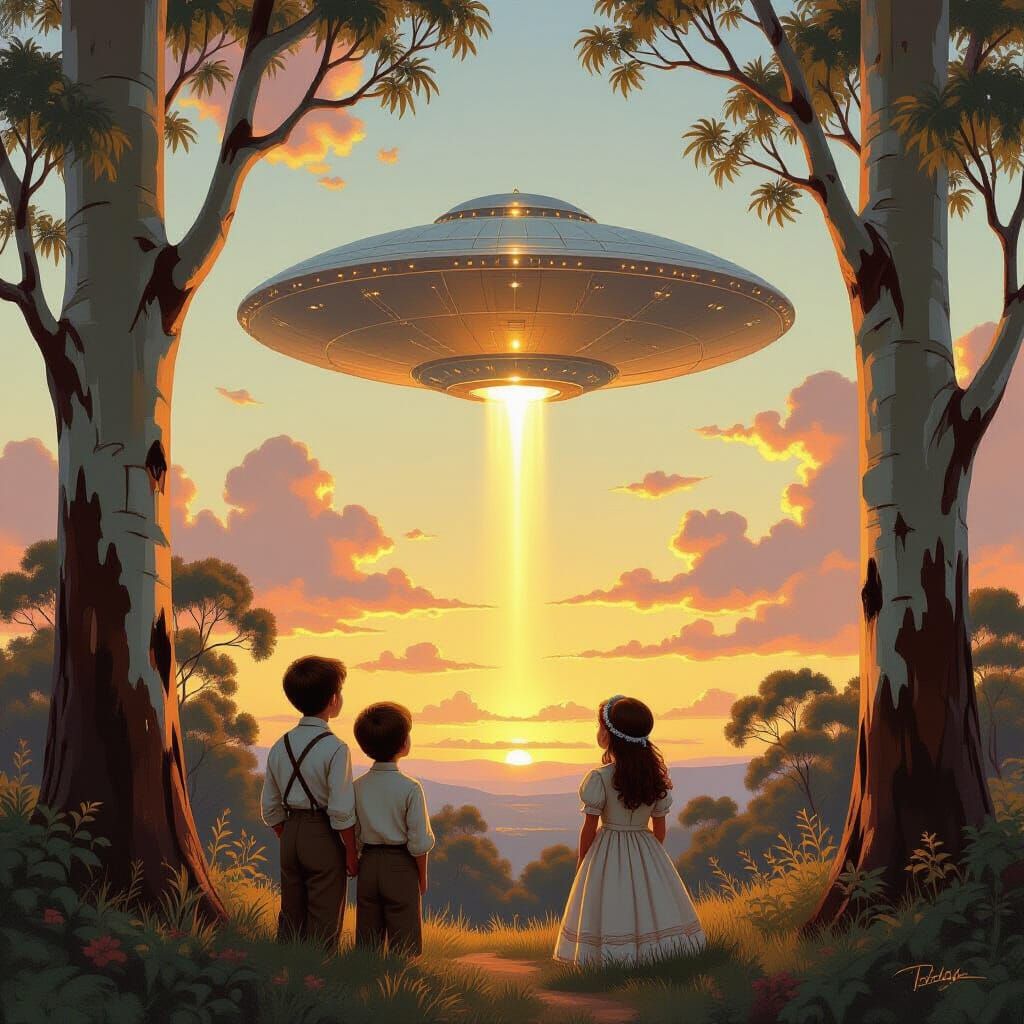 Children Watch Spaceship Landing: Dreamy 19th-Century Scene