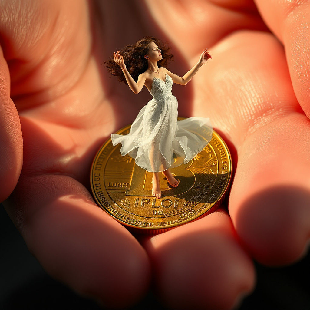Woman Dances on Golden Coin: Photorealistic Art