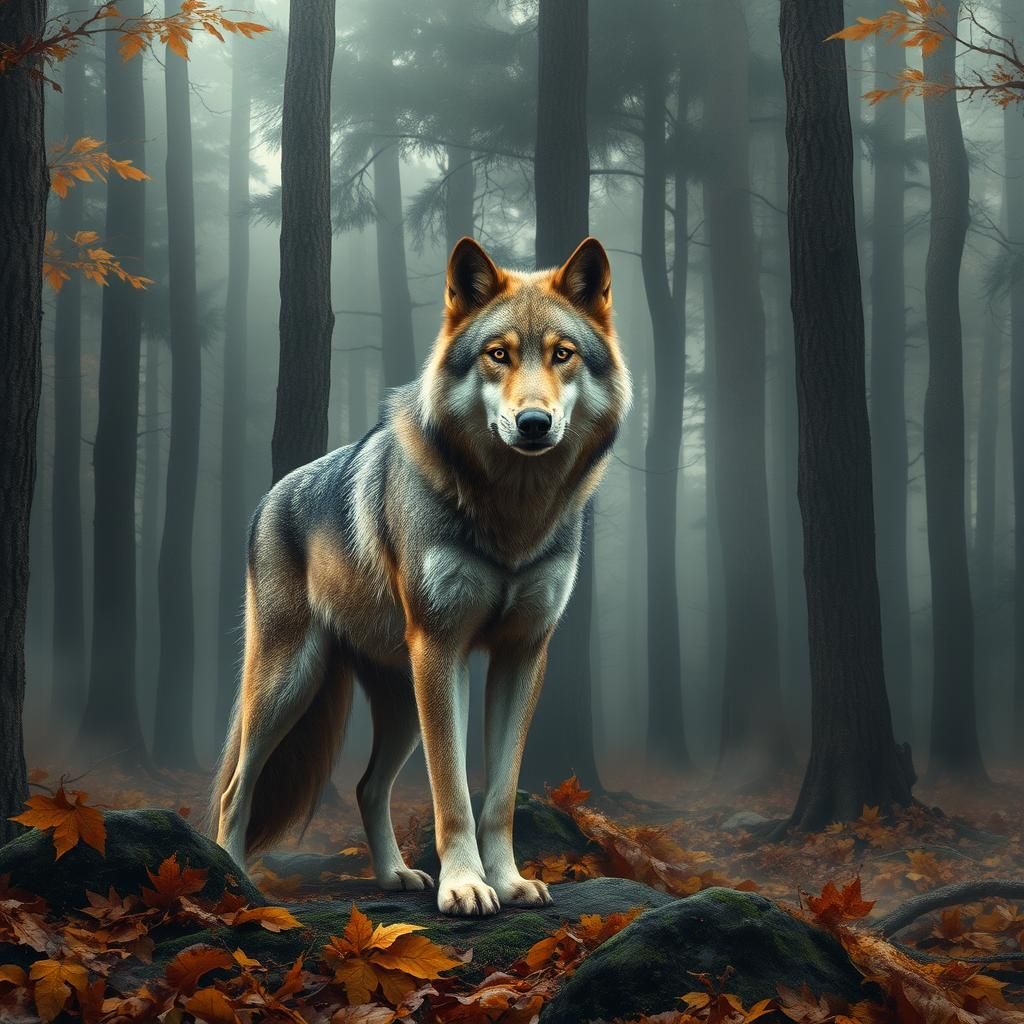 Majestic Wolf in Misty Forest, Art Illustration