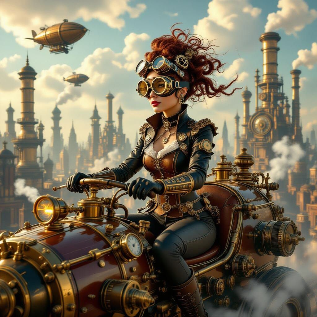 Steampunk Woman Rides Fantastical Vehicle in Cityscape