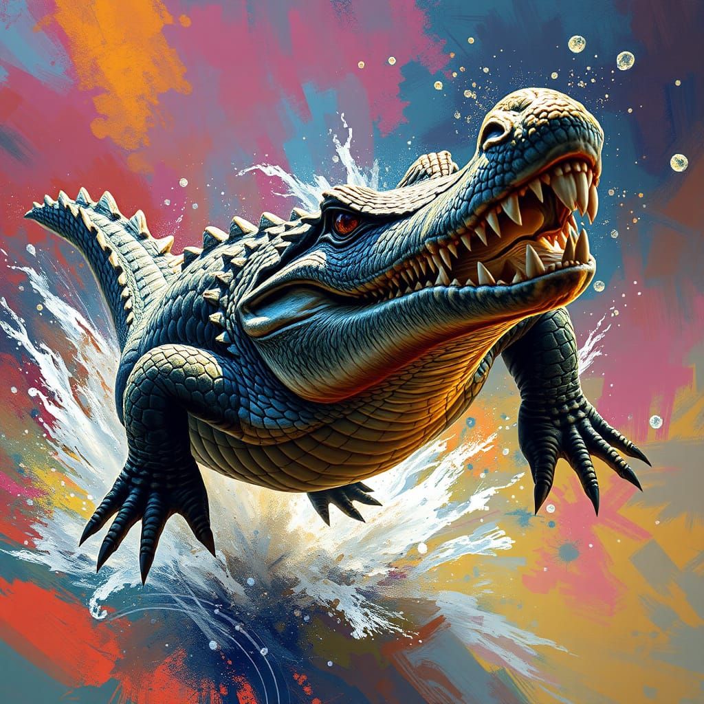 Hyperrealistic Crocodile in Dynamic Flight Splash Art