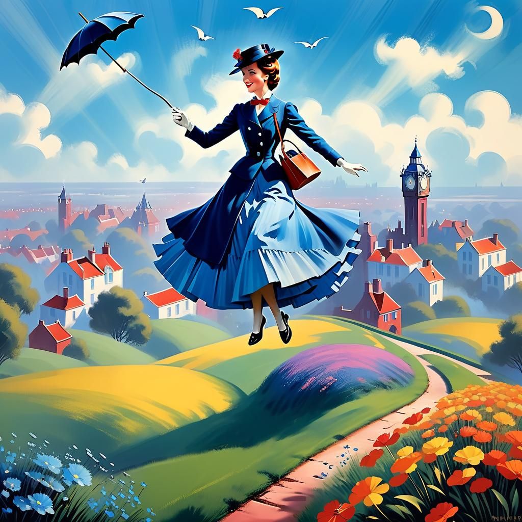 Mary Poppins Flying, Art Deco Illustration