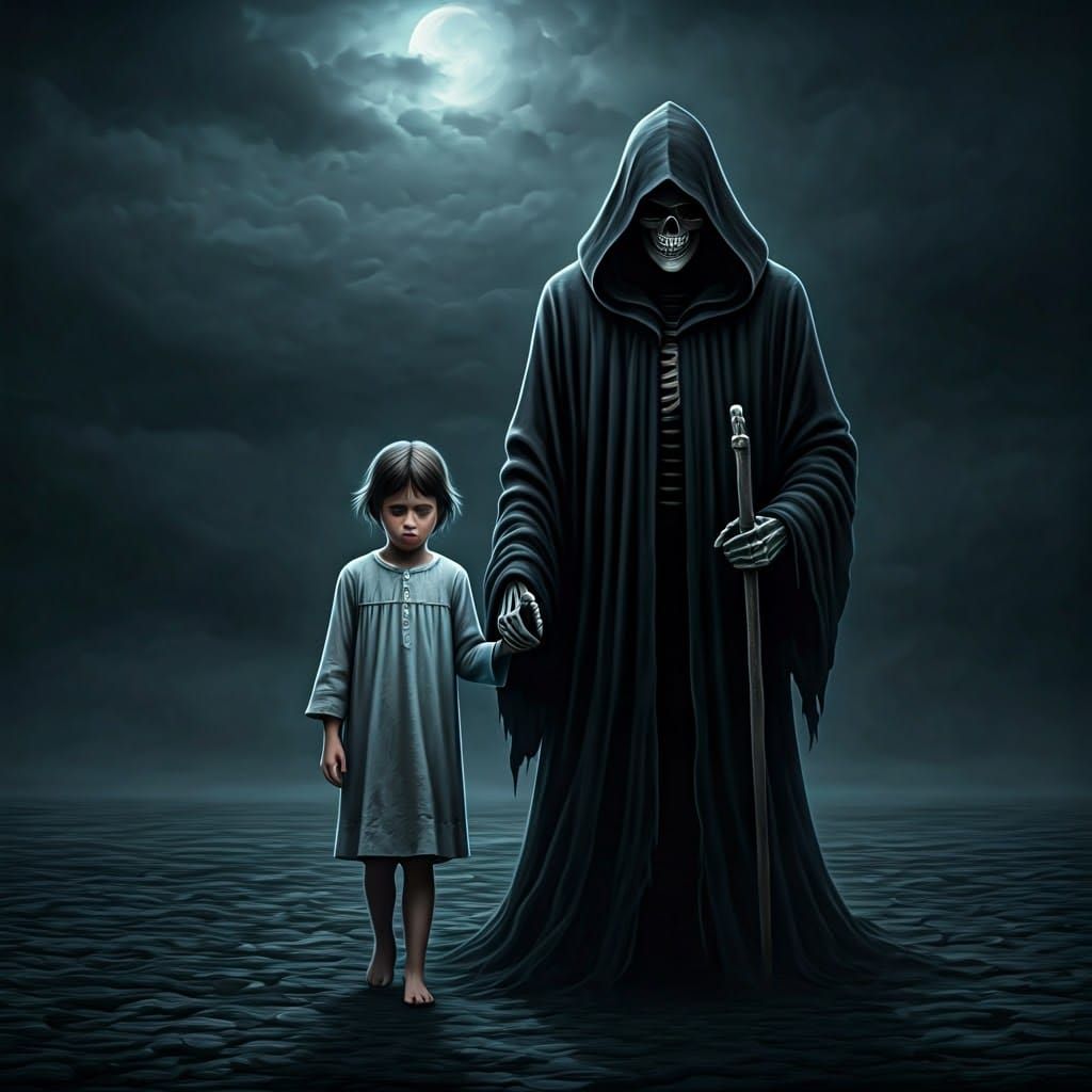 silhouette of a grim reaper holding the hand of a small child, full of sadness, sharp focus, 16k resolution photorealist...