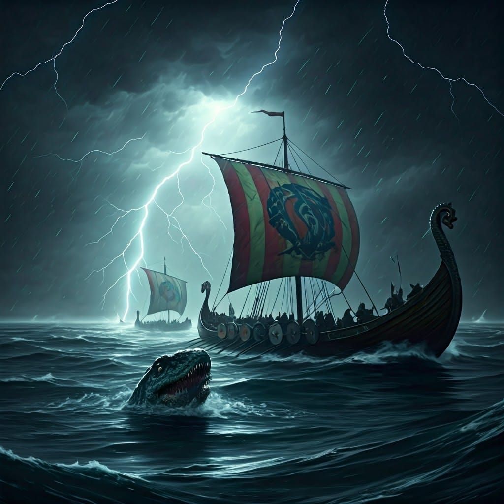 Viking Ships and Mosasaur in Stormy Seas