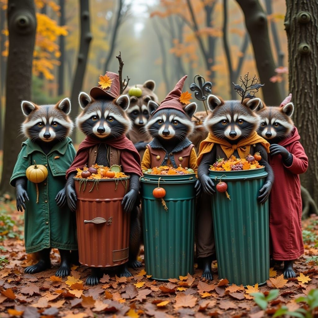Whimsical Raccoons in Trash Can Costumes for Halloween