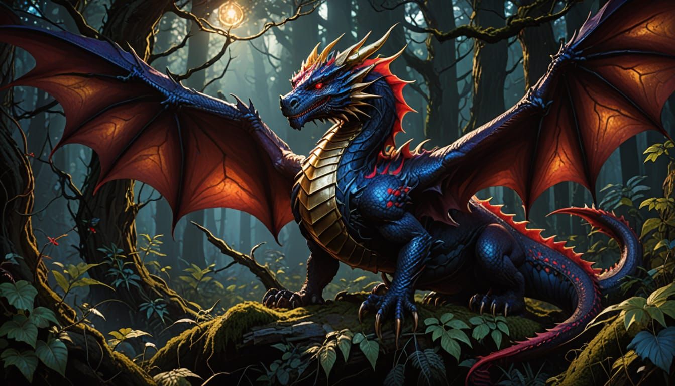 Red Dragon Sheltering Young in Dark Forest