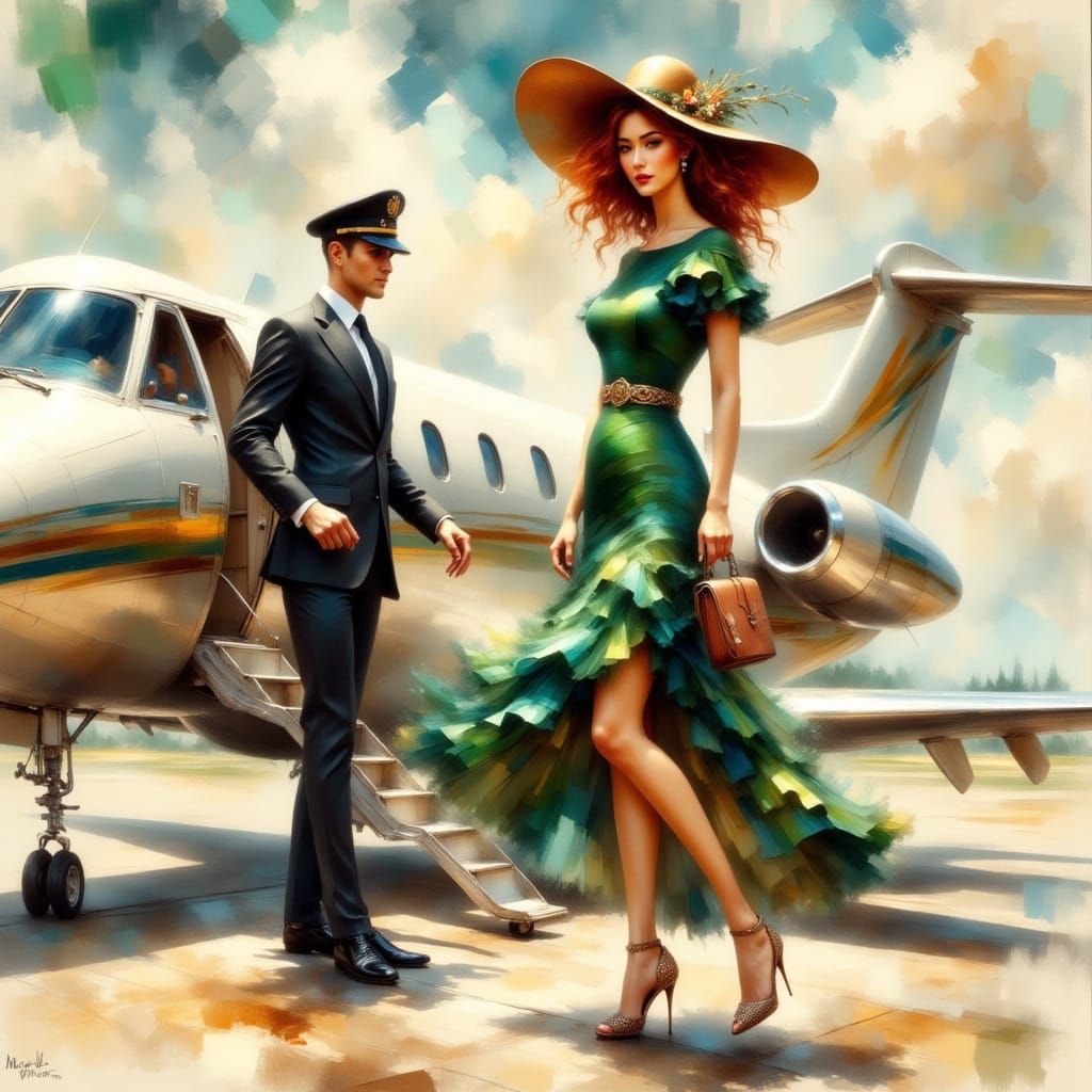 Elegant Woman on Jet in Impressionist Oil and Watercolour