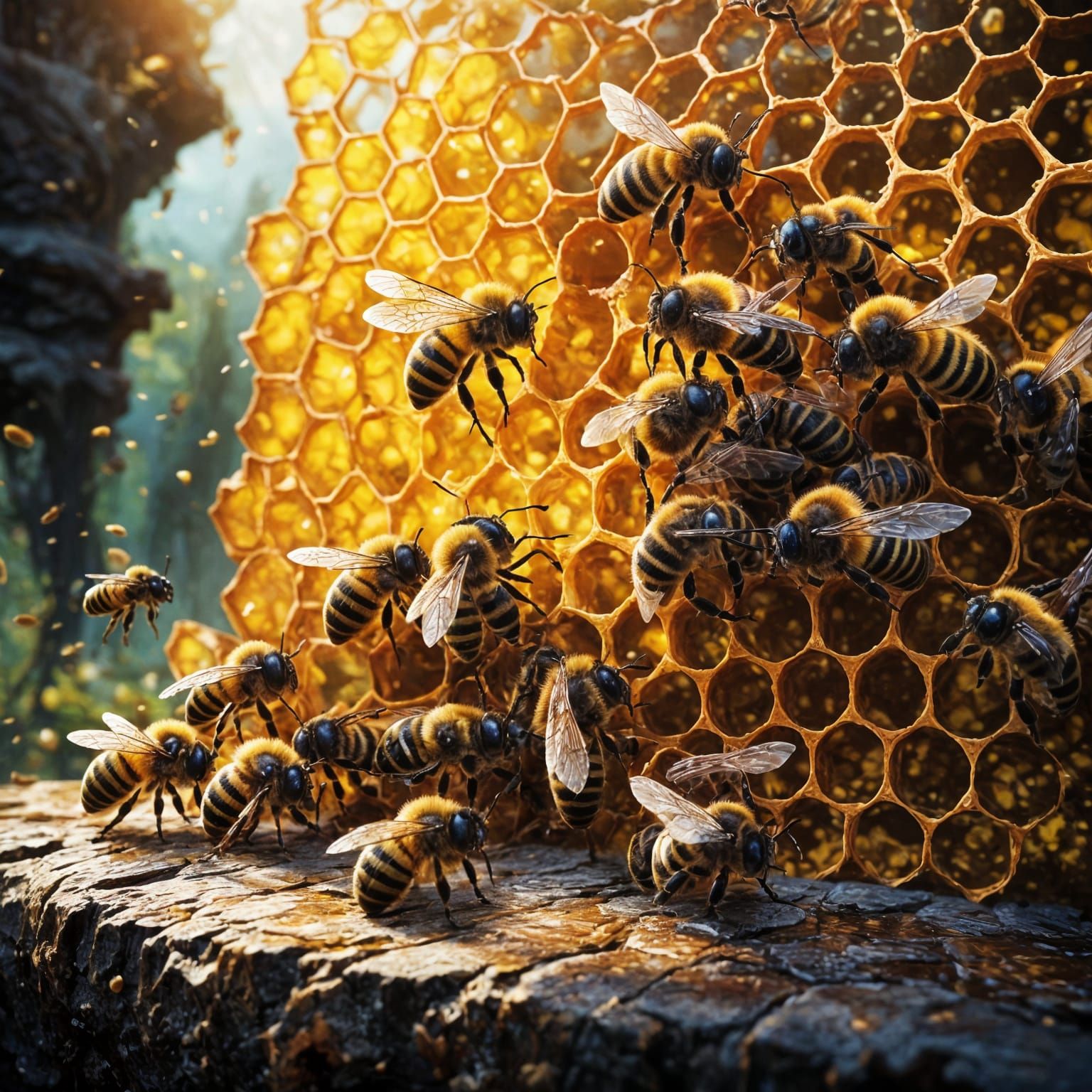 Majestic Bees Amidst Honeycomb Splendor in Digital Art