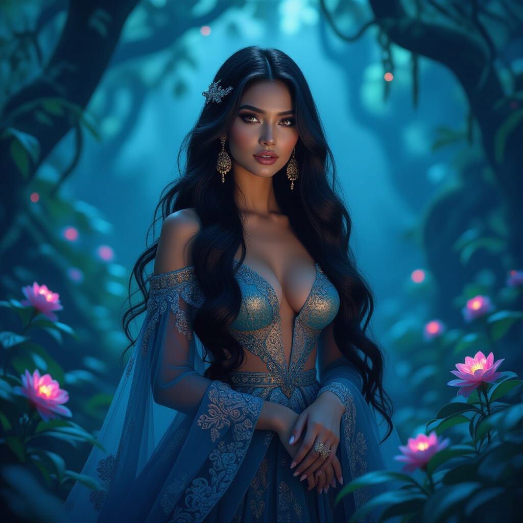 Malay Woman in Bioluminescent Forest: Romantic Realism