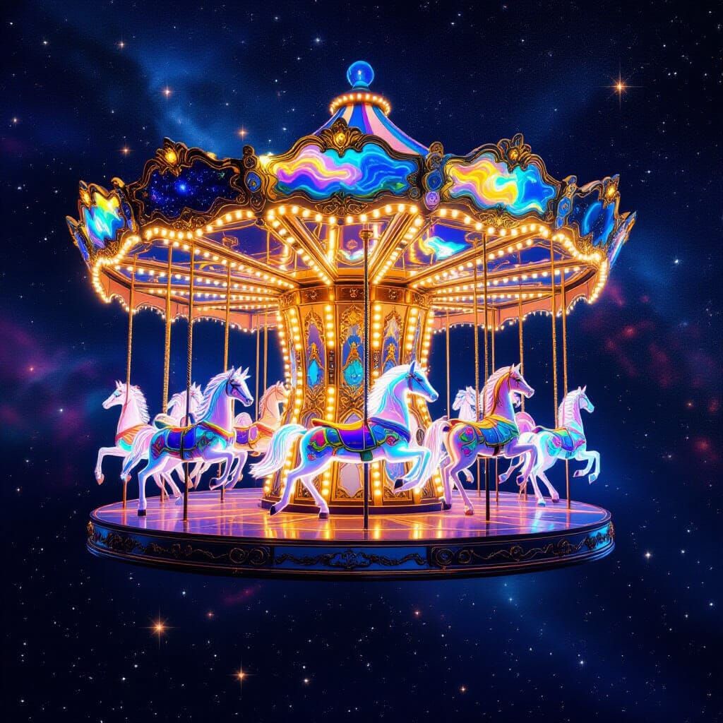 Ethereal Glass Carousel of Energy Animals in Space