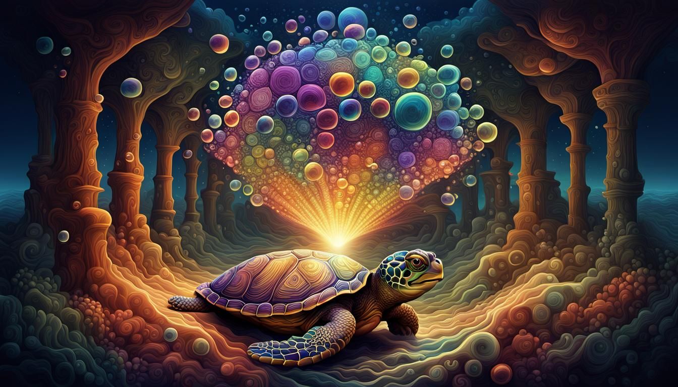 Rainbow Turtle in Fractal Waves with Zentangle Patterns