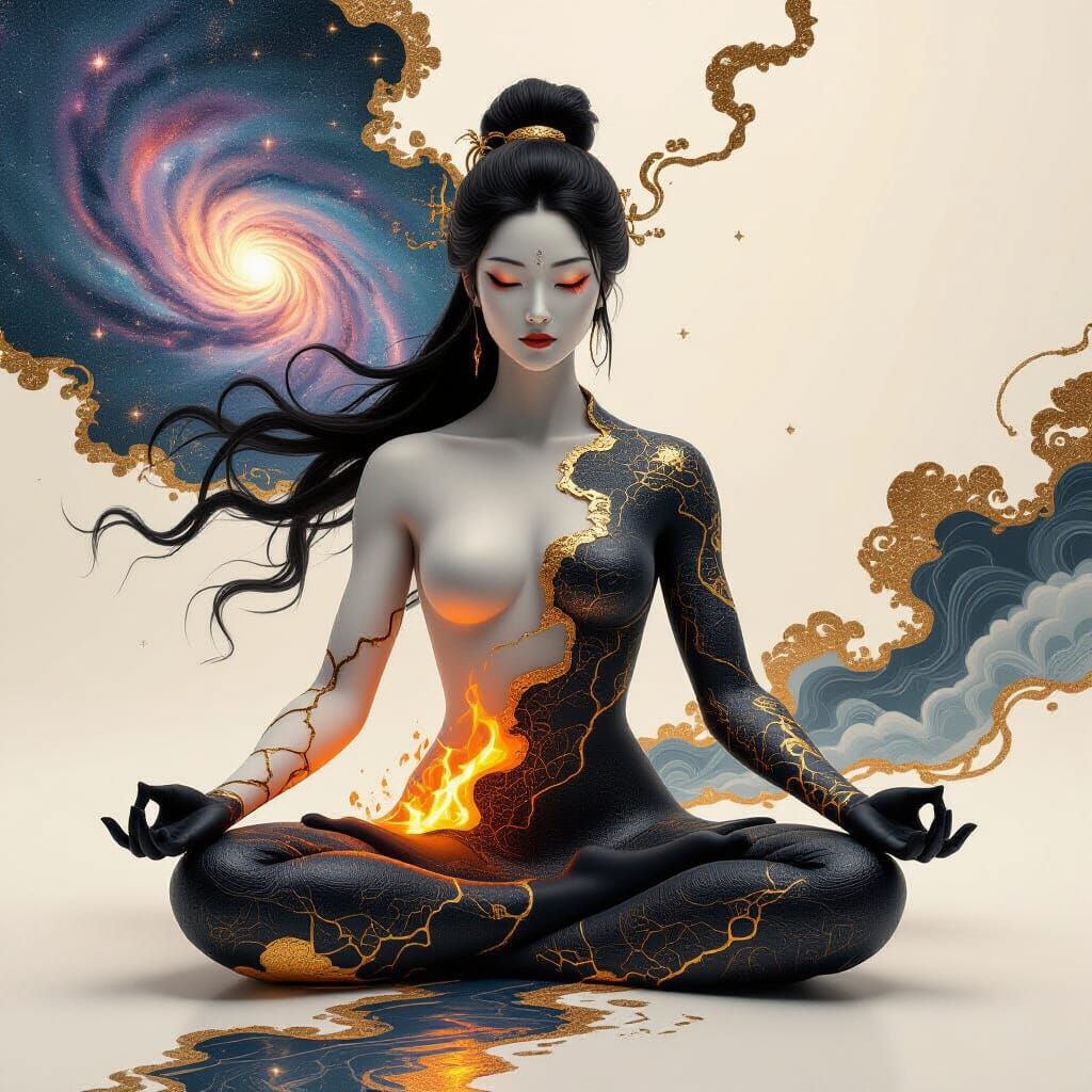 Mystical Figure of Elemental Energies with Kintsugi Gold