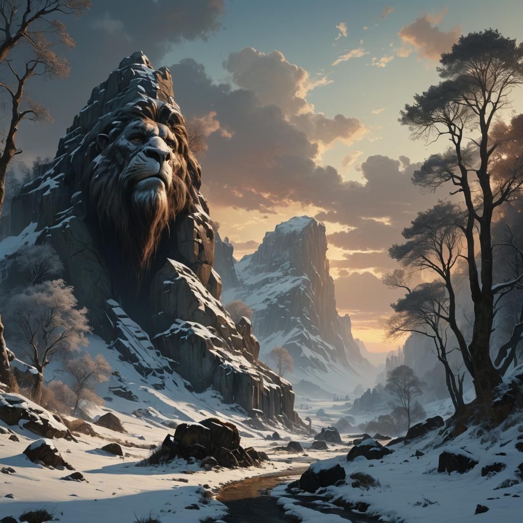 Mammoth in Fantasy Landscape at Dawn