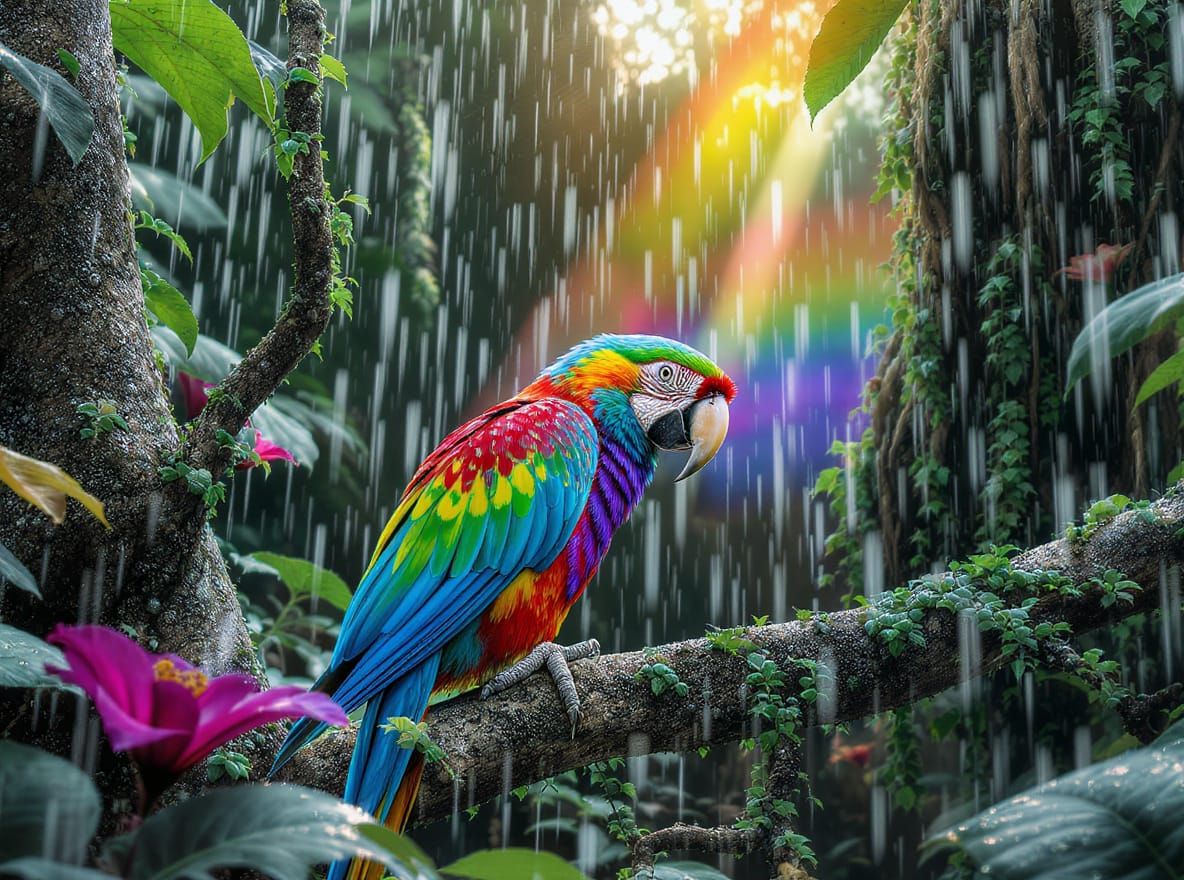 Rainbow Parrot in a Colorful Jungle, Digital Painting