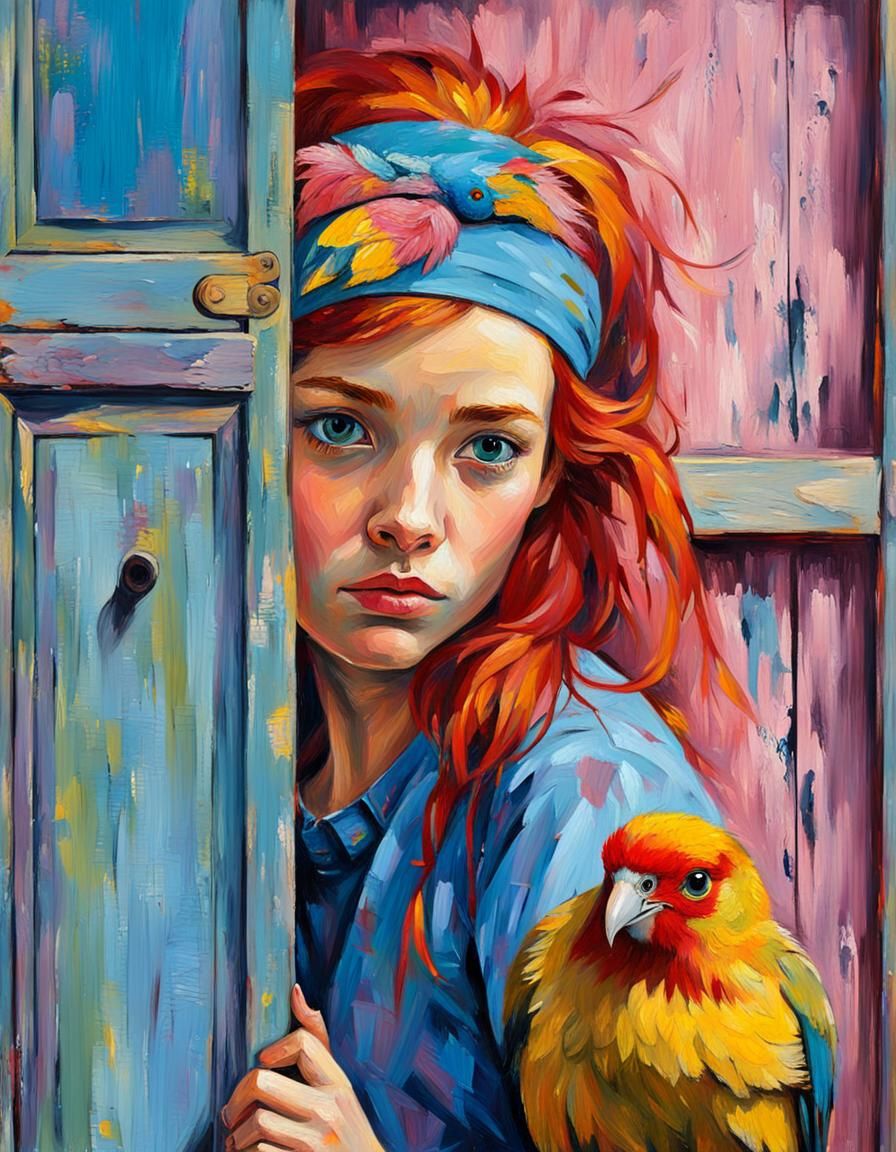 Girl with Bird: Neo-Impressionist Impasto Oil Painting