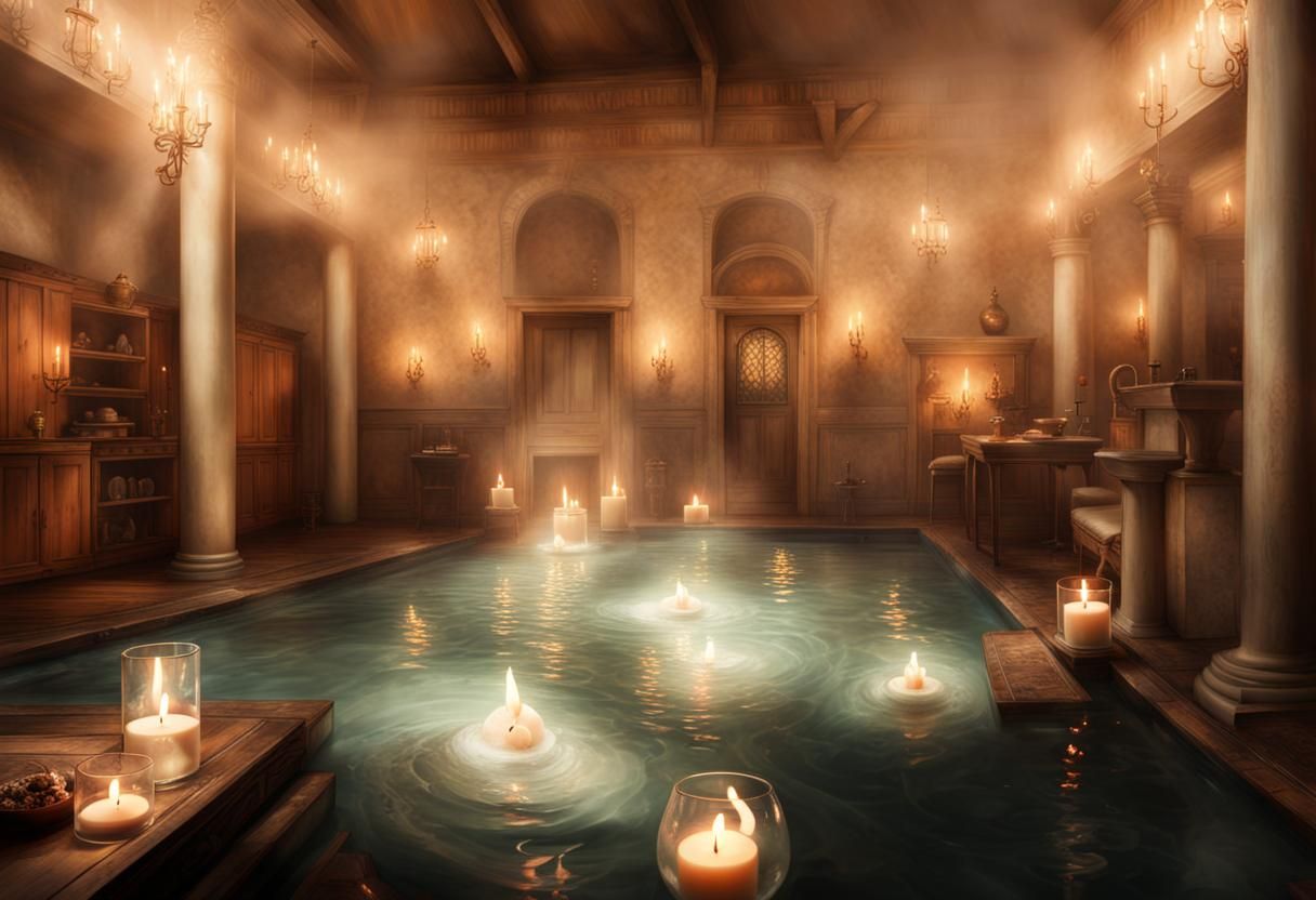 Hyperrealistic Bath House with Steamy Atmospheric Lighting