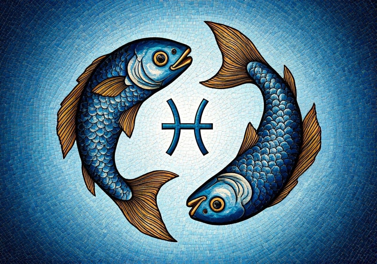 Ancient Greek Mosaic with Majestic Pisces Zodiac Symbol