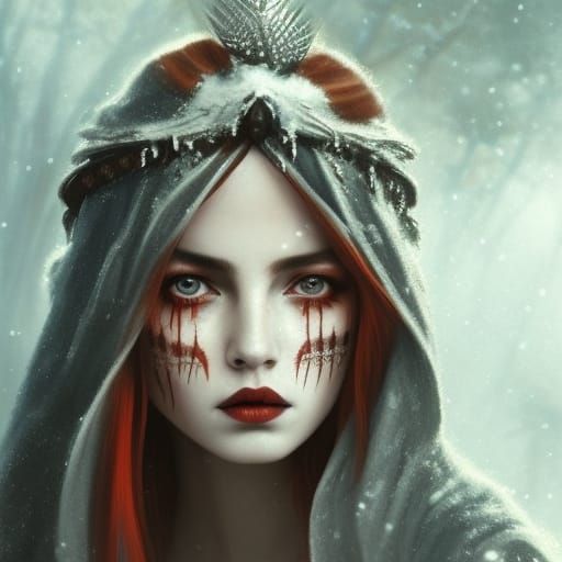 Tribal Snow Beauty with Red Hair in Matte Painting