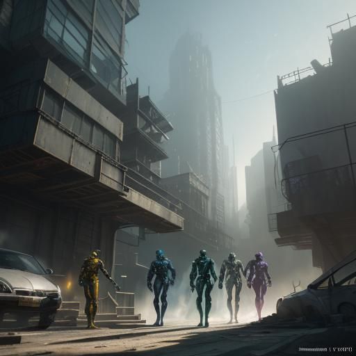 Futuristic Assassins in City Ruins: Vibrant Digital Art