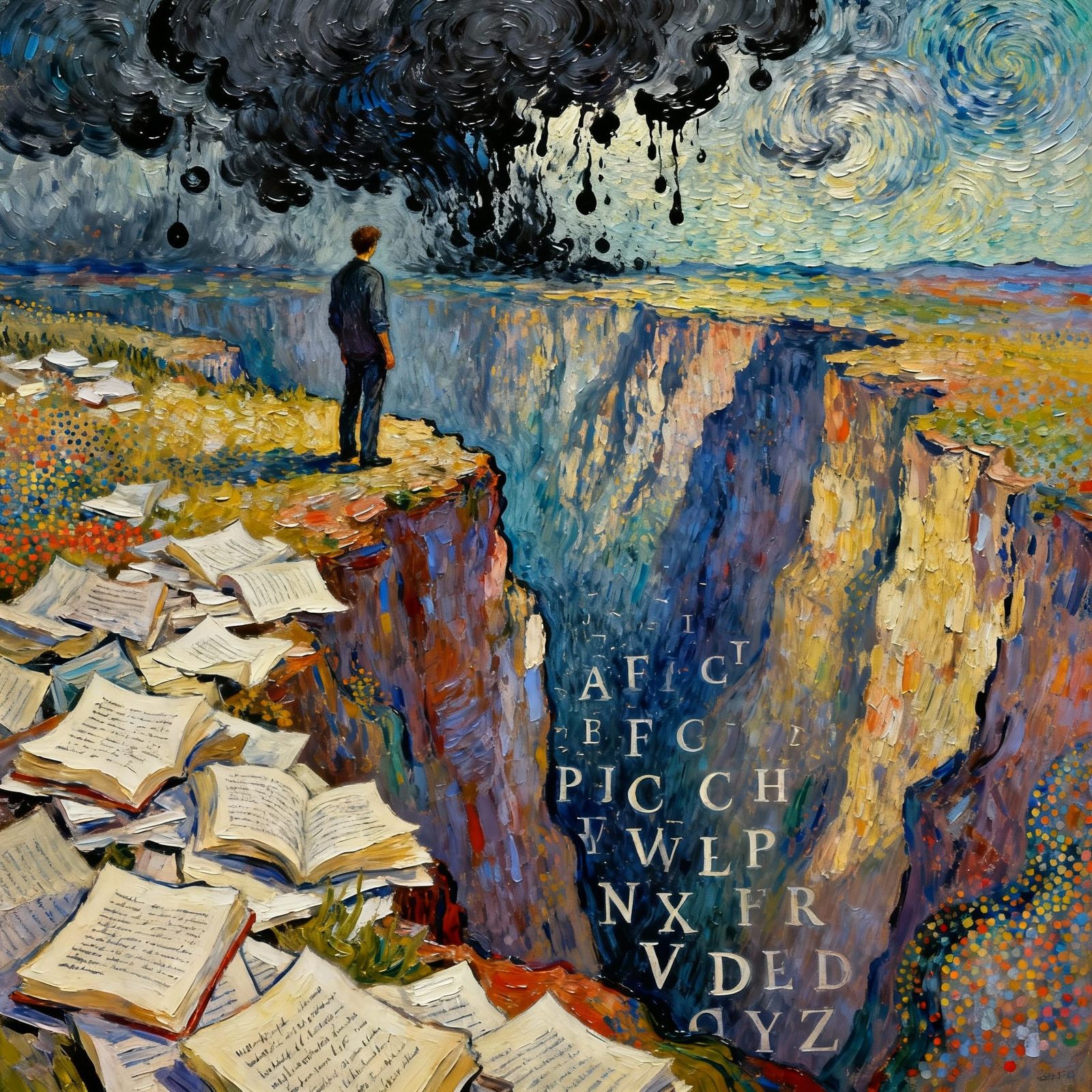 Figure Over Ink Canyon in Neo-Impressionist Style