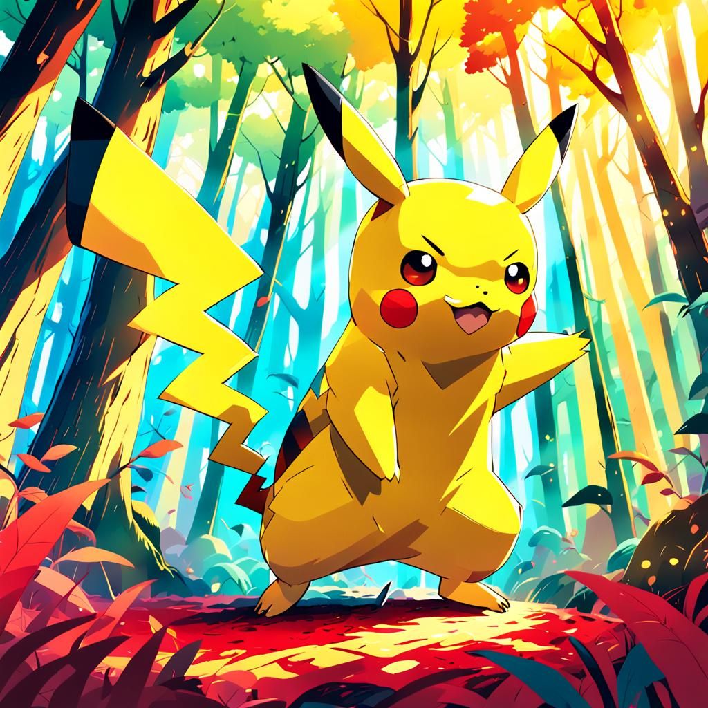 Pikachu in Anime Style Forest Illustration