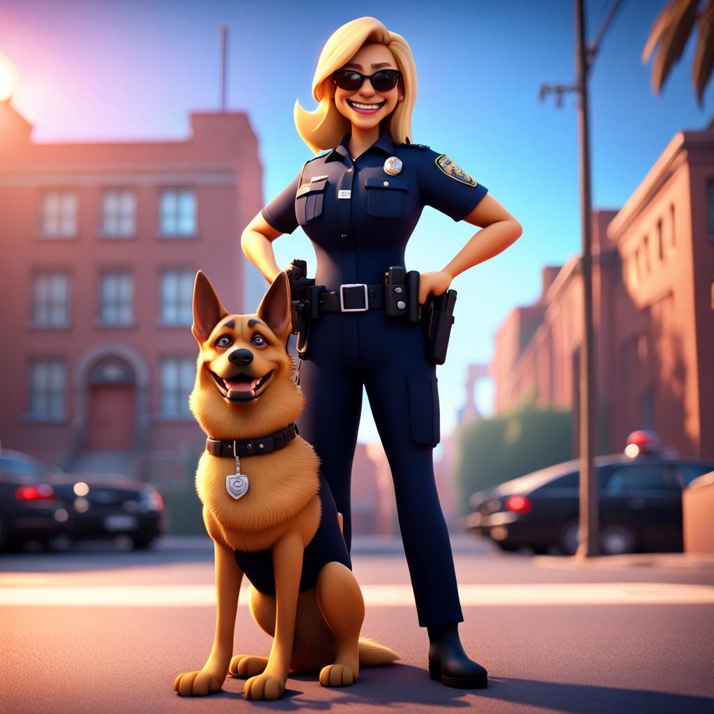 Woman Police Officer with Dog in Pixar Style