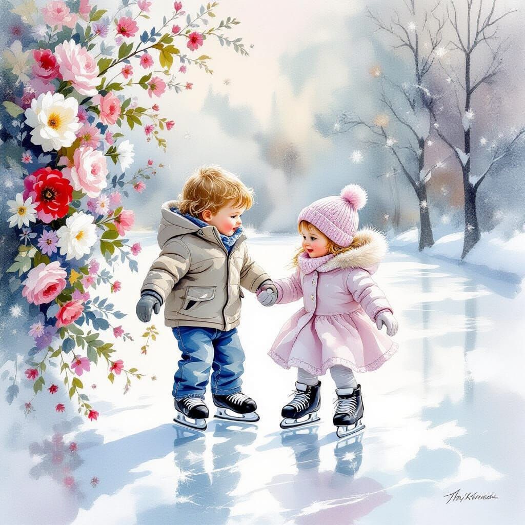 Ethereal Watercolor of Siblings Ice Skating Amidst Flowers