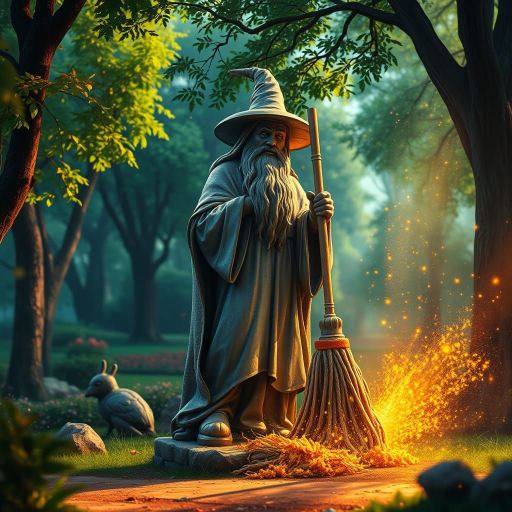 Enchanted Wizard Statue Scrubbed by Magical Dust Mop in Fant...