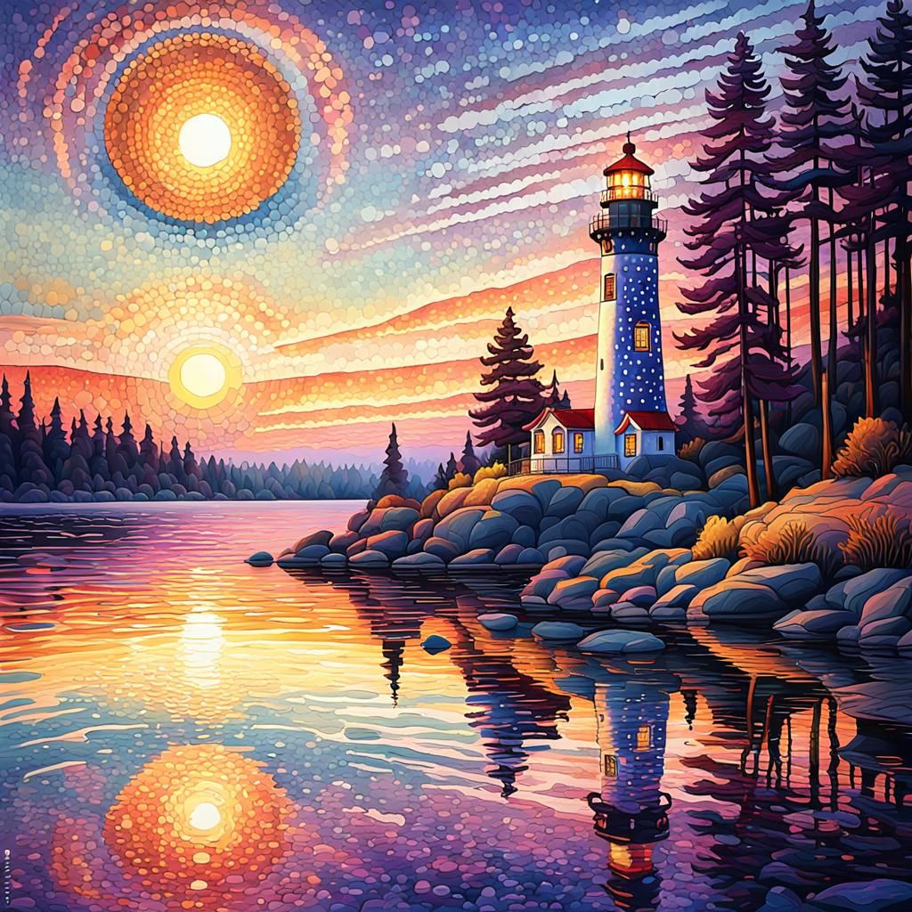 Colorful Lighthouse Sunset in Pointillism Style
