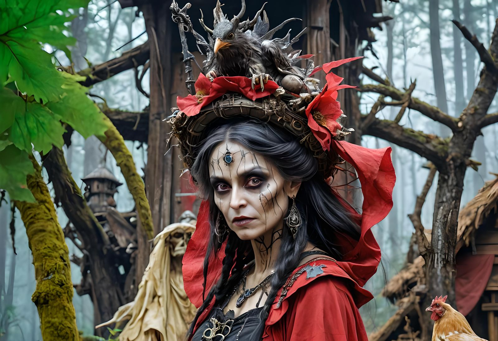 Baba Yaga in Mystical Forest: Art Nouveau Drawing