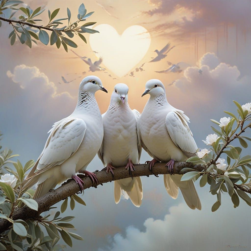 White Doves in Serene Olive Branch Landscape with Heart-Shap...