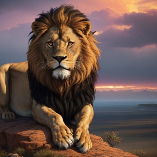 Majestic Lion on Savanna Overlook at Vibrant Sunset