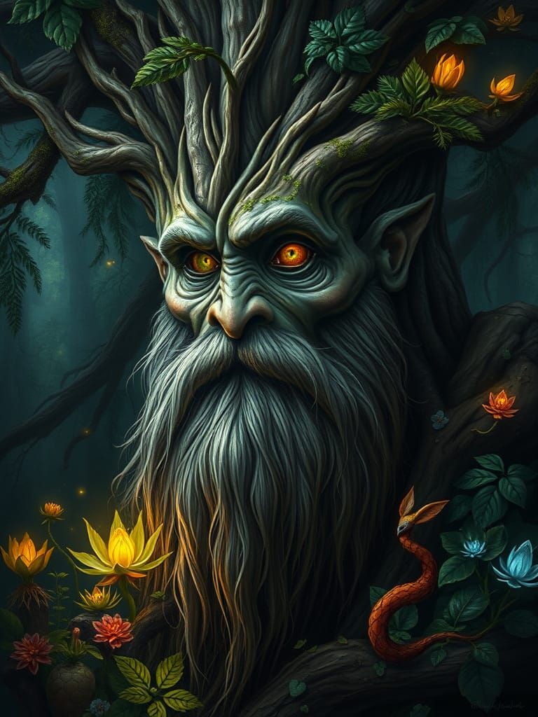 Ancient Tree Spirit in Lush Enchanted Forest