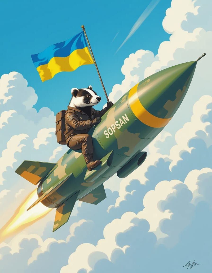 Badger Rides Missile with Ukrainian Flag, Digital Art