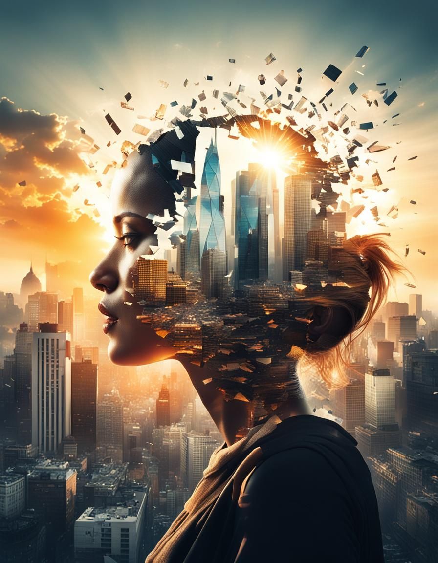 Cinematic Double Exposure: Woman and Shattered Cityscape