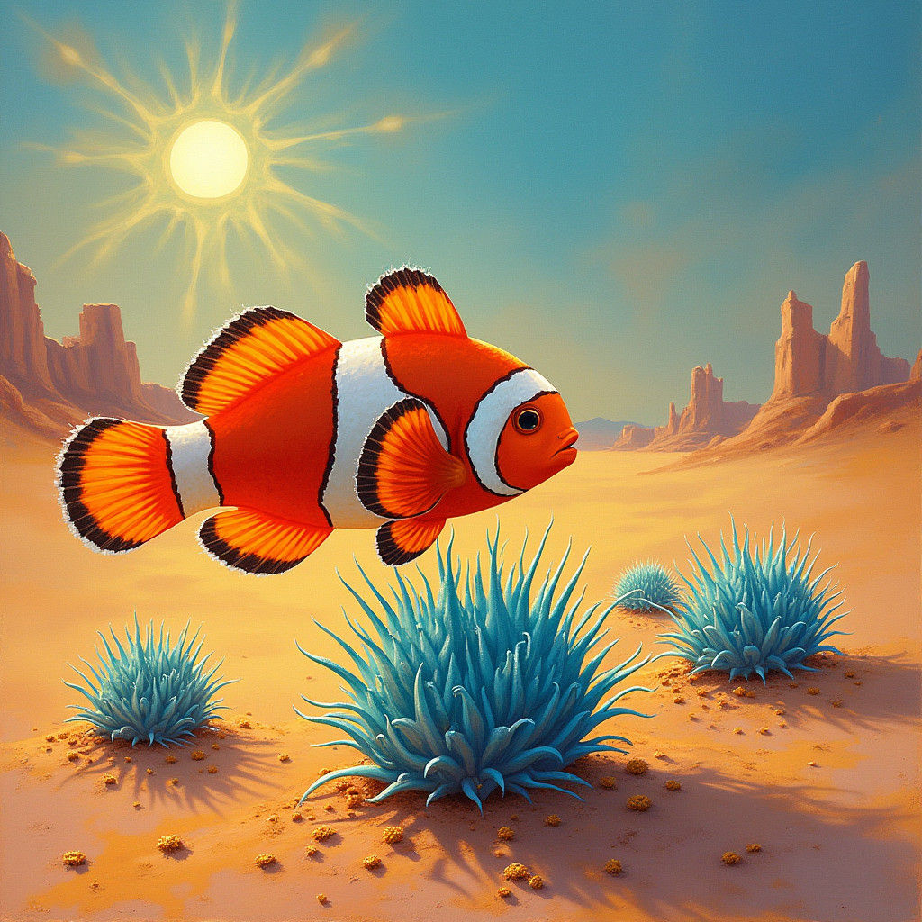 Clownfish Juggling Sea Urchins in Desert Painting